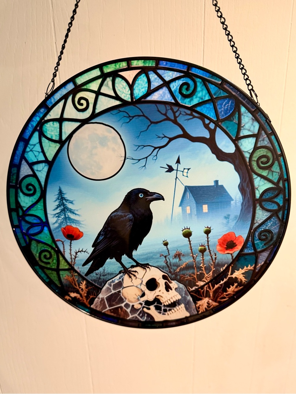 Blue Raven Halloween Moonlight Faux Stained Glass Hanging Panel Wall Art